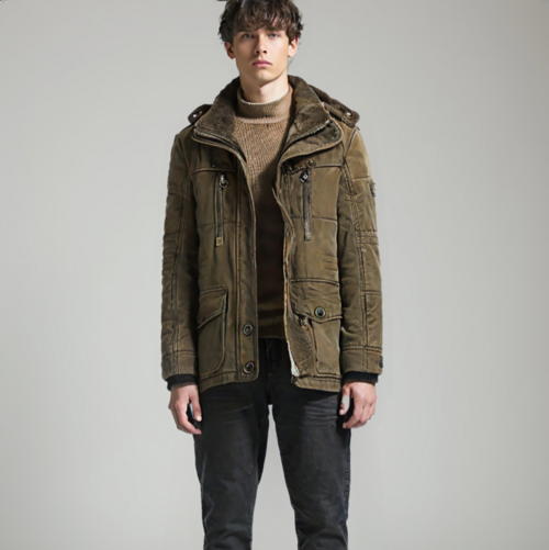 Casaco Parka de Inverno com Capuz Masculino e Fleece Interno