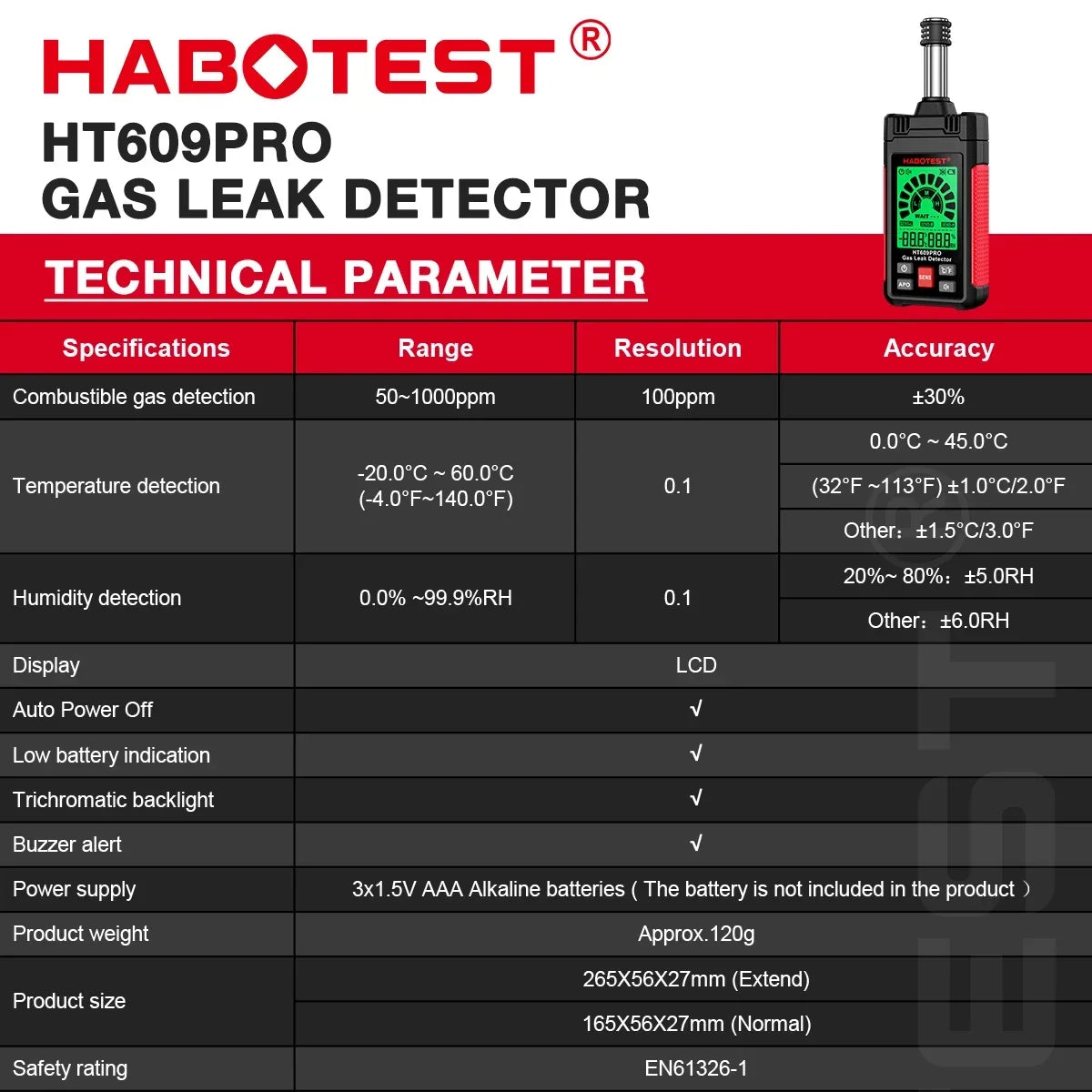 HABOTEST HT609 Pro Natural Gas Detector Gas Leak Detector 0-1000PPM