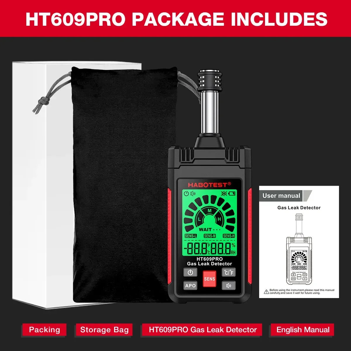 HABOTEST HT609 Pro Natural Gas Detector Gas Leak Detector 0-1000PPM