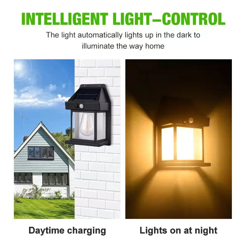 Luminária de parede solar de tungstênio para exterior com sensor de movimento IP65 à prova d'água