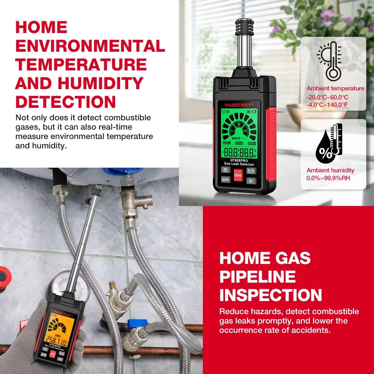 HABOTEST HT609 Pro Natural Gas Detector Gas Leak Detector 0-1000PPM