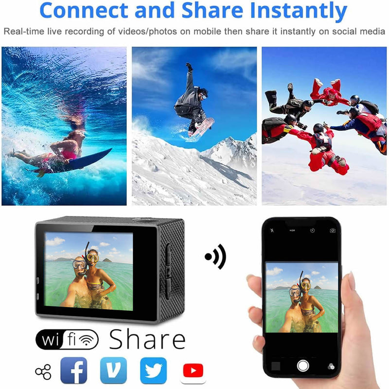 Câmera 4K à prova d'água totalmente digital UHD WiFi + controle remoto RF e acessórios