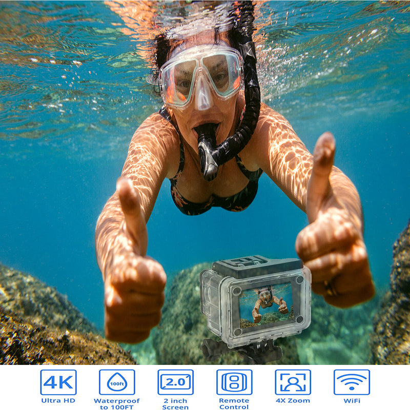 Câmera 4K à prova d'água totalmente digital UHD WiFi + controle remoto RF e acessórios