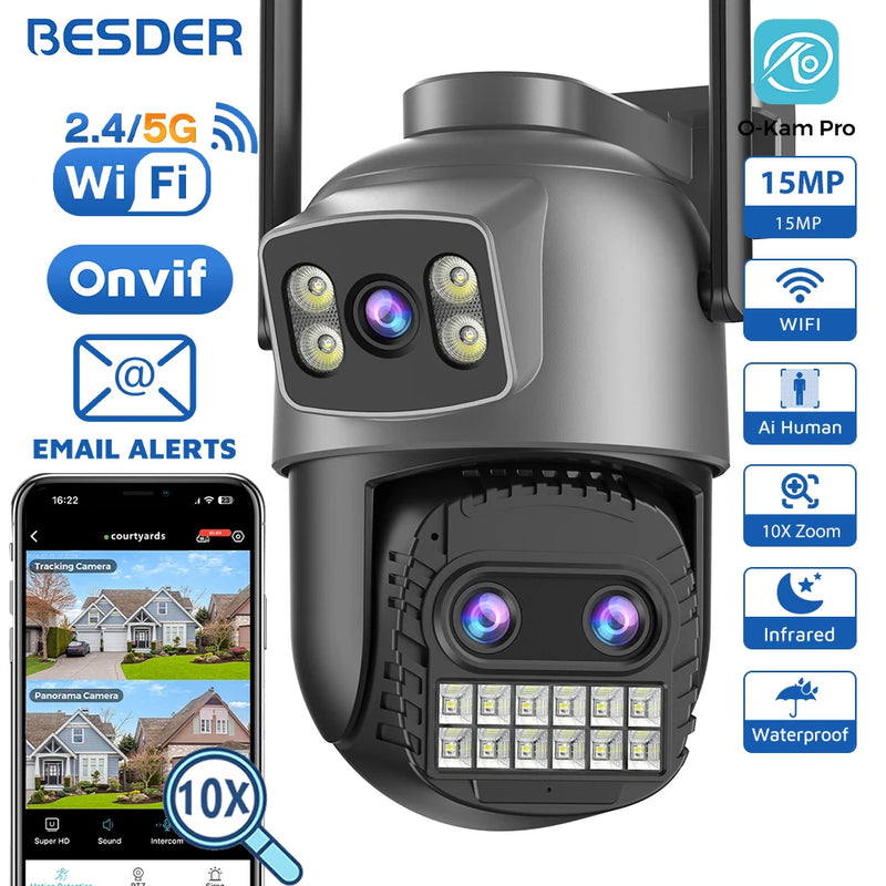 BESDER 15MP Câmera Wifi PTZ Tela Dupla Externa 10X Zoom Digital Detecção Humana 10MP Câmera IP de Segurança Vigilância O-Kam Pro