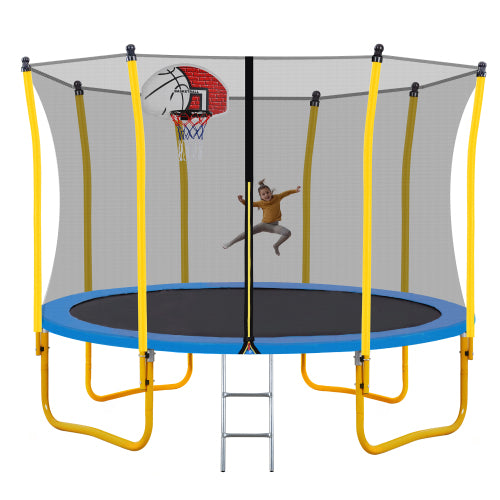Trampolim de 12 pés para crianças com rede de segurança e cesta de basquete