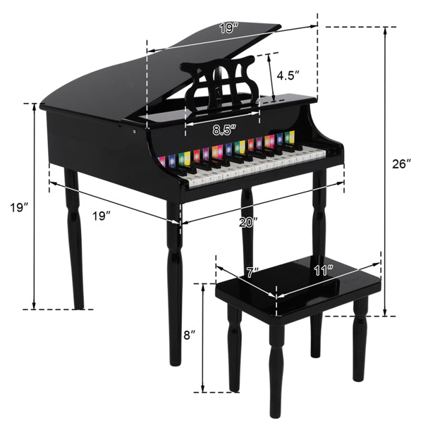 Piano de madeira infantil de 30 teclas com suporte para partitura