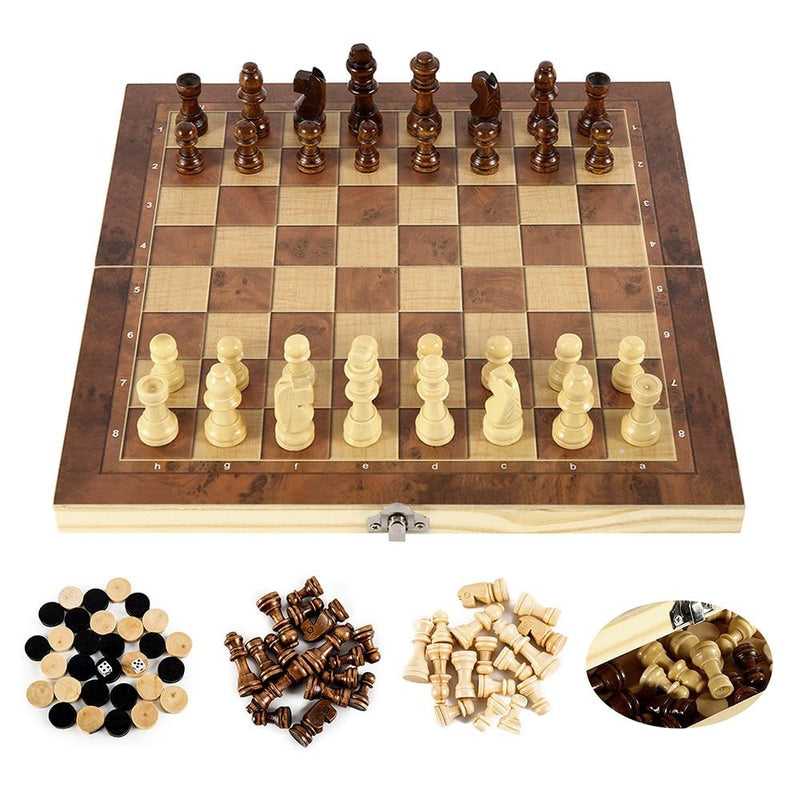 Jogo de tabuleiro de xadrez de madeira dobrável