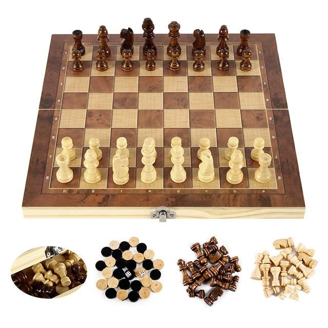 Jogo de tabuleiro de xadrez de madeira dobrável