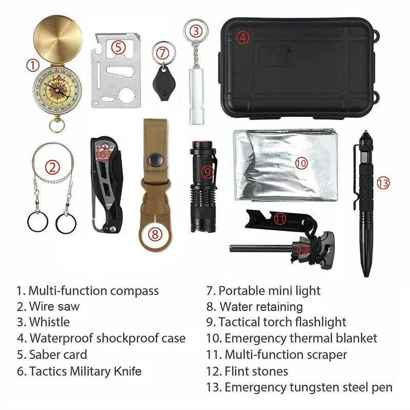 Kit de equipamentos de segurança e sobrevivência para emergências ao ar livre 14 em 1 para acampamento