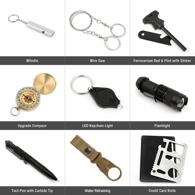 Kit de equipamentos de segurança e sobrevivência para emergências ao ar livre 14 em 1 para acampamento